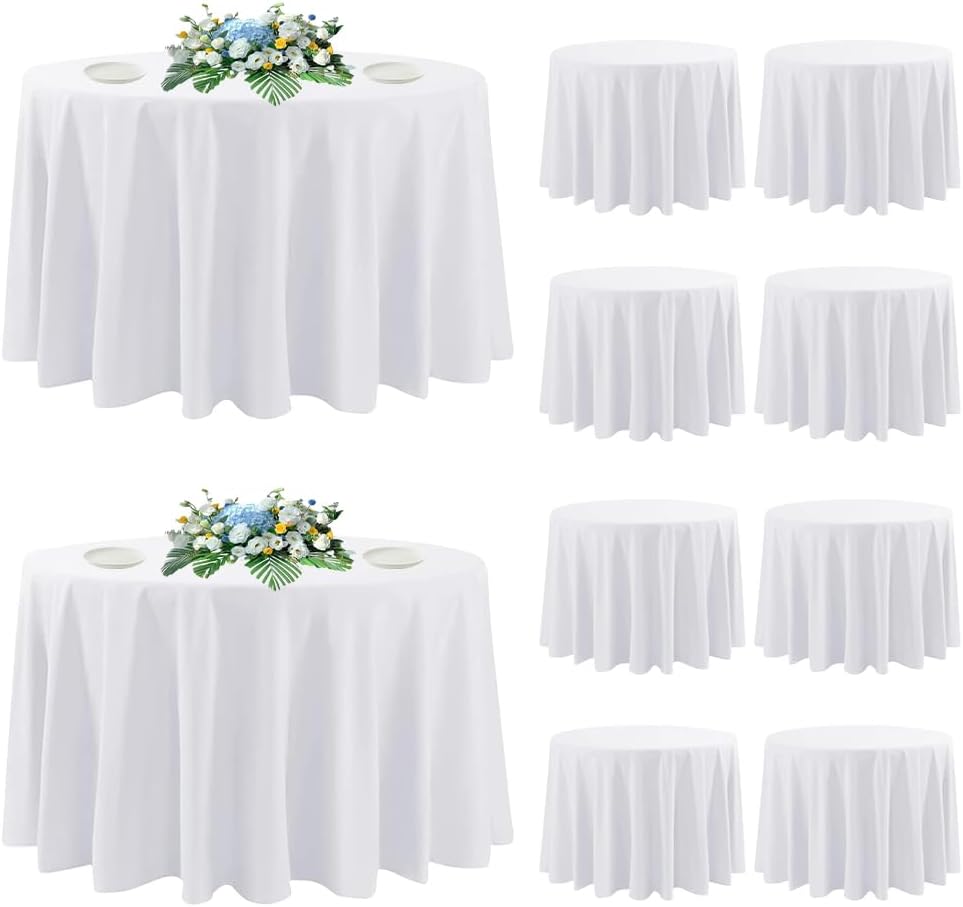 10 Pack Round Tablecloth White 120 Inch, Stain Resistant and Wrinkle Polyester Fabric, Washable Table Cover for Kitchen Dining, Wedding, Buffet Table, Holiday Party