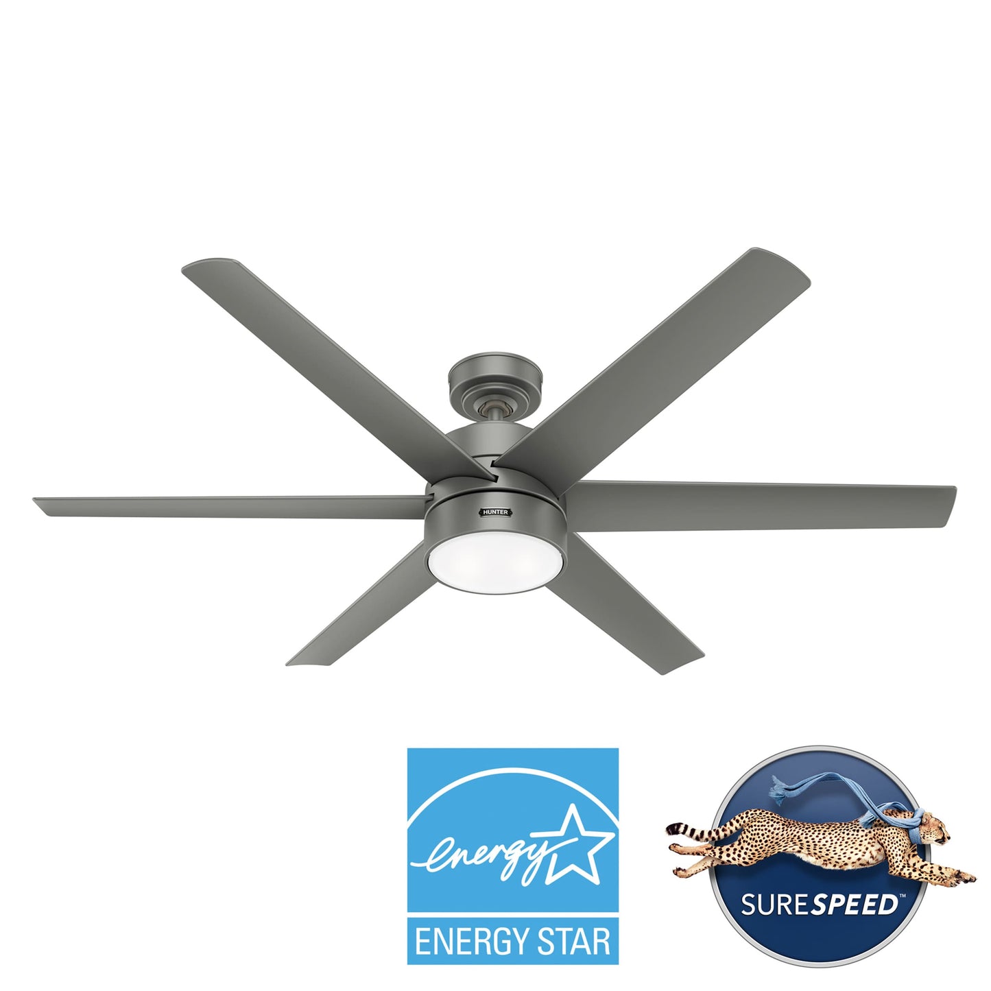 Hunter Solaria ENERGY STAR 60-in Integrated LED Outdoor Matte Silver with Matte Silver Blades Ceiling Fan With Light ( 6 -Blade ) 2366523