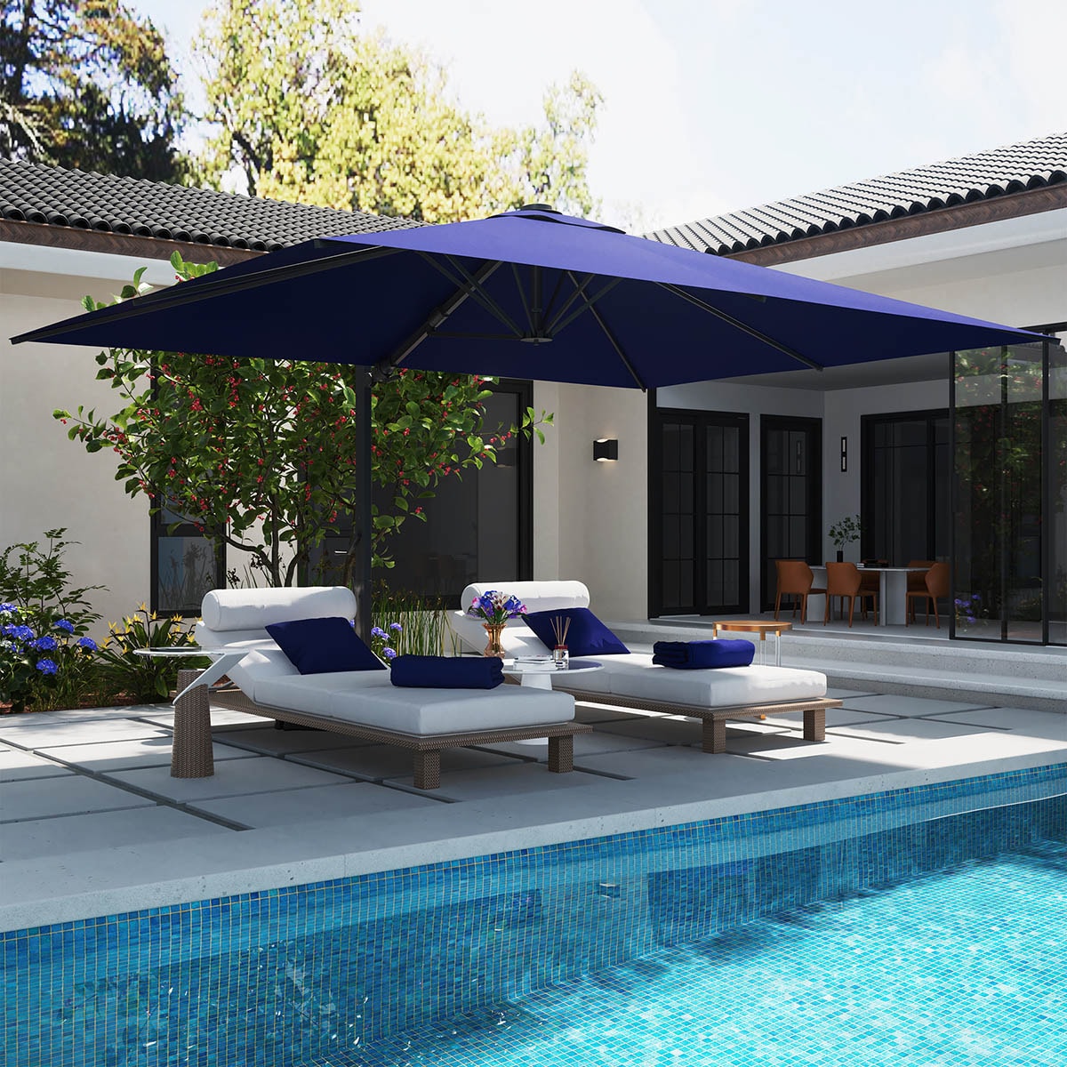 Mondawe 13-ft Aluminum Blue Cantilever Patio Umbrella with Lights with Base