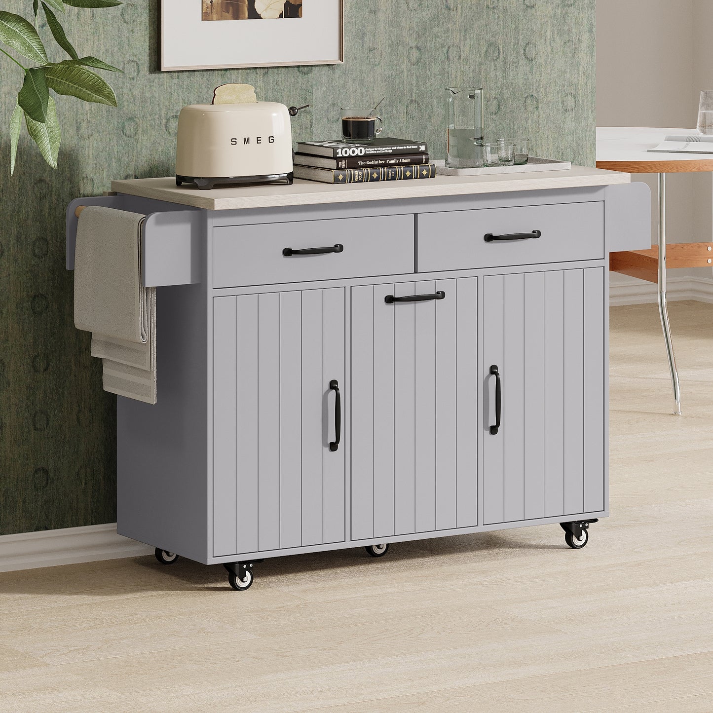 Runesay Gray MDF Base with MDF Wood Top Rolling Kitchen Island ( 20.55-in x 51.06-in x 35.04-in )