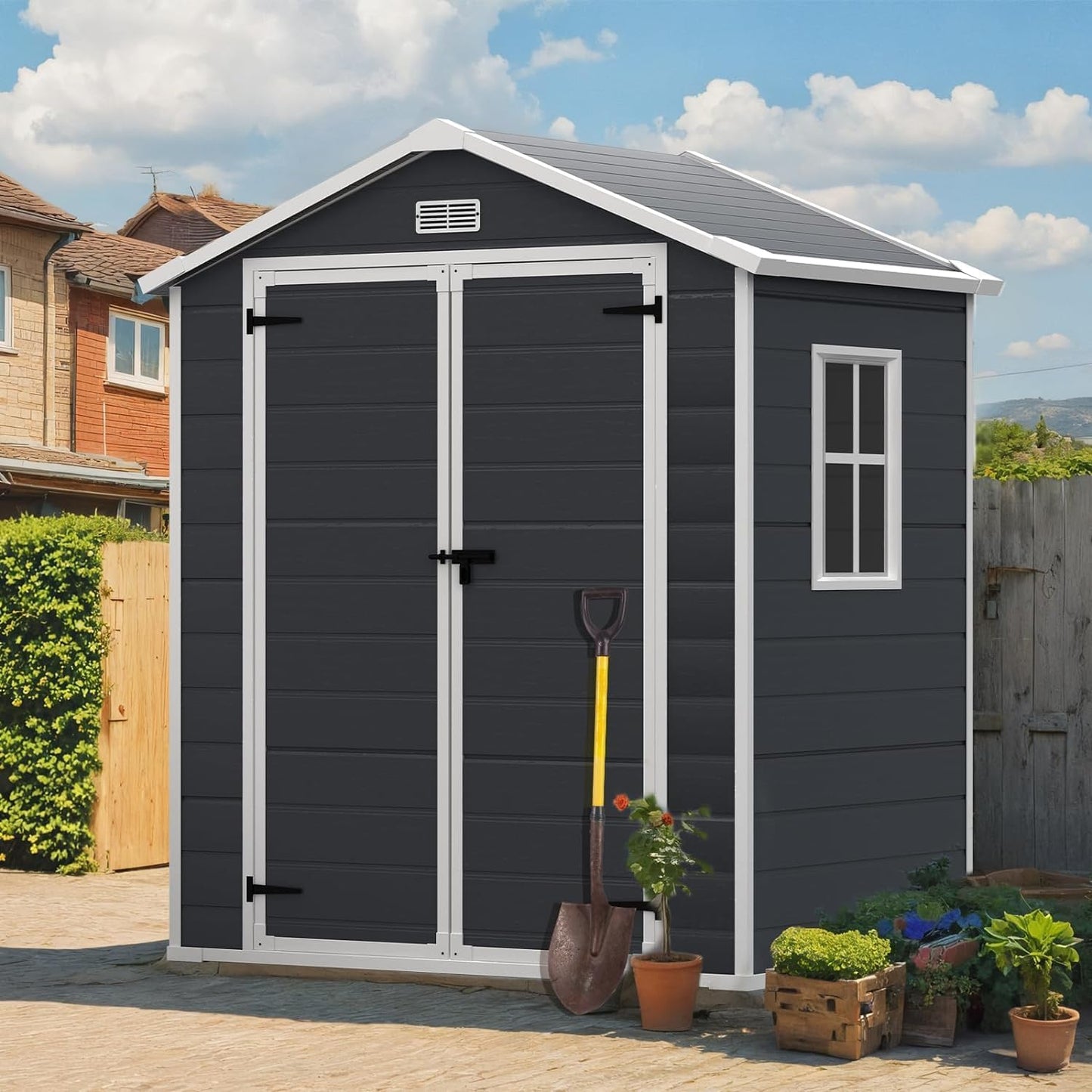6x4.4FT Outdoor Storage Shed, Resin Shed with Reinforced Floor & Secure Door Lock, All-Weather Outdoor Shed for Gardening Tools, Bicycles, Patio Furniture, Lawn Mower (Dark Gray)