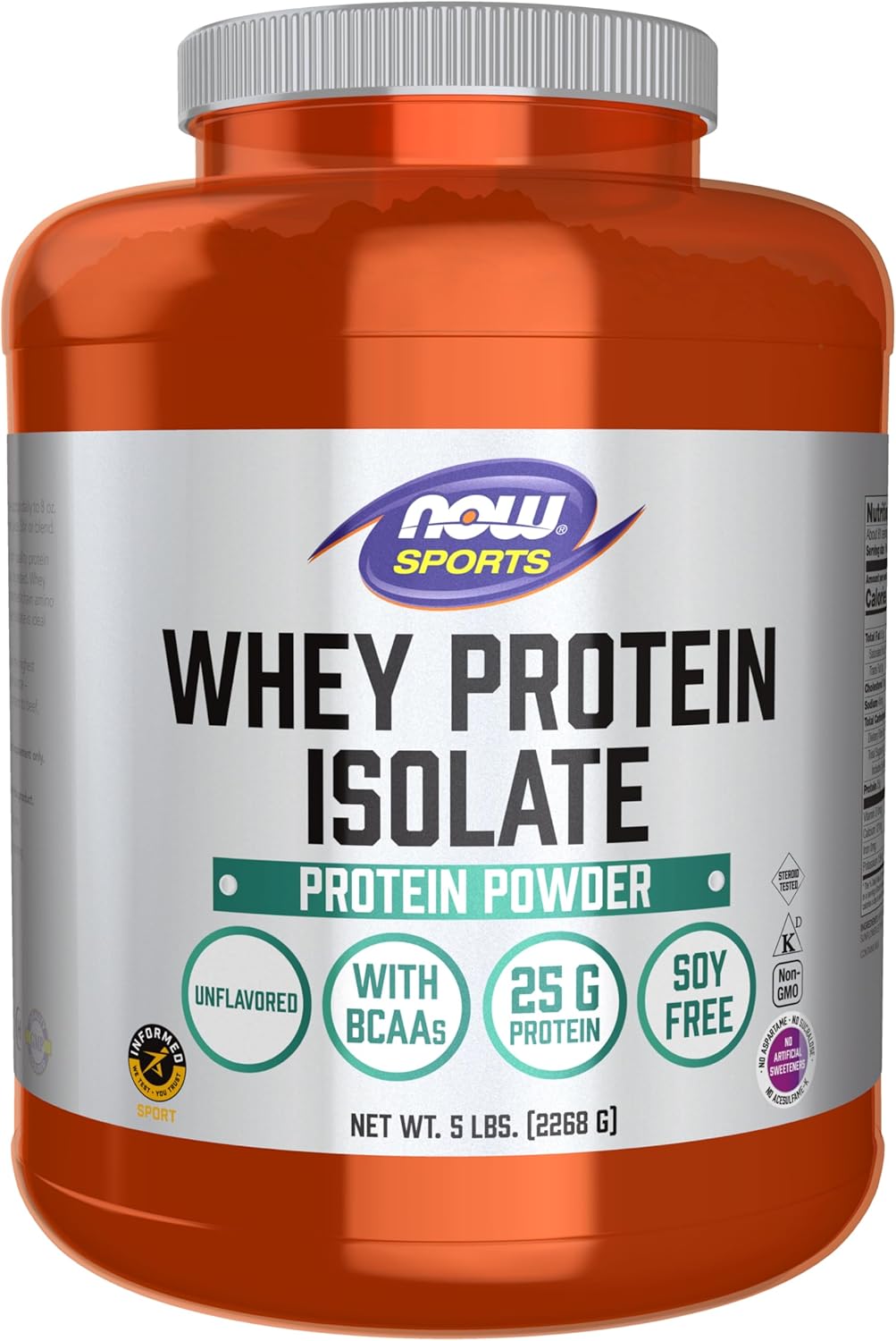 NOW Foods Sports Nutrition, Whey Protein Isolate, 25 g With BCAAs, Unflavored Powder, 5-Pound