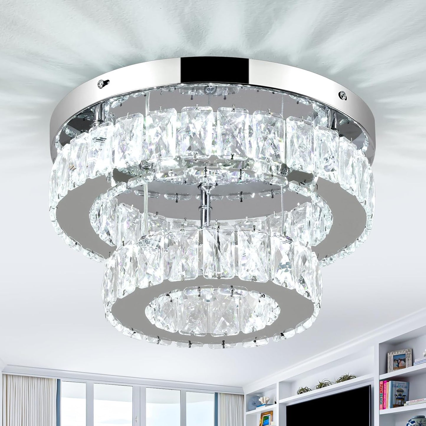 12 Inch Mini Chandelier LED Crystal Ceiling Light 2 Layers Flush Mount Ceiling Light Modern Chandeliers Lighting for Bedroom Hallway Staircase Kitchen Bathroom (6000K Cool White)