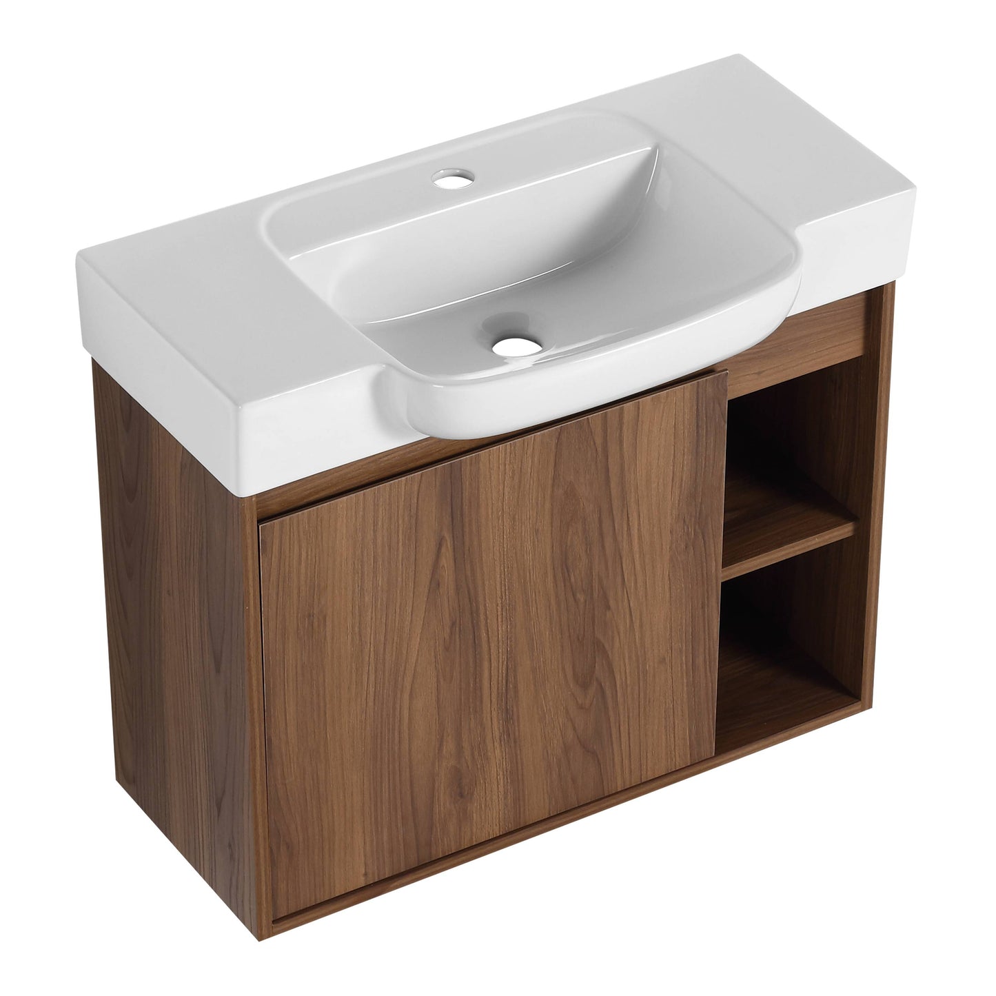 Vynxaria 28 in Single Wall-Mounted Brown Ebony Plywood Bath Vanity with White Ceramic Top KD-PACKING Ready to Assemble