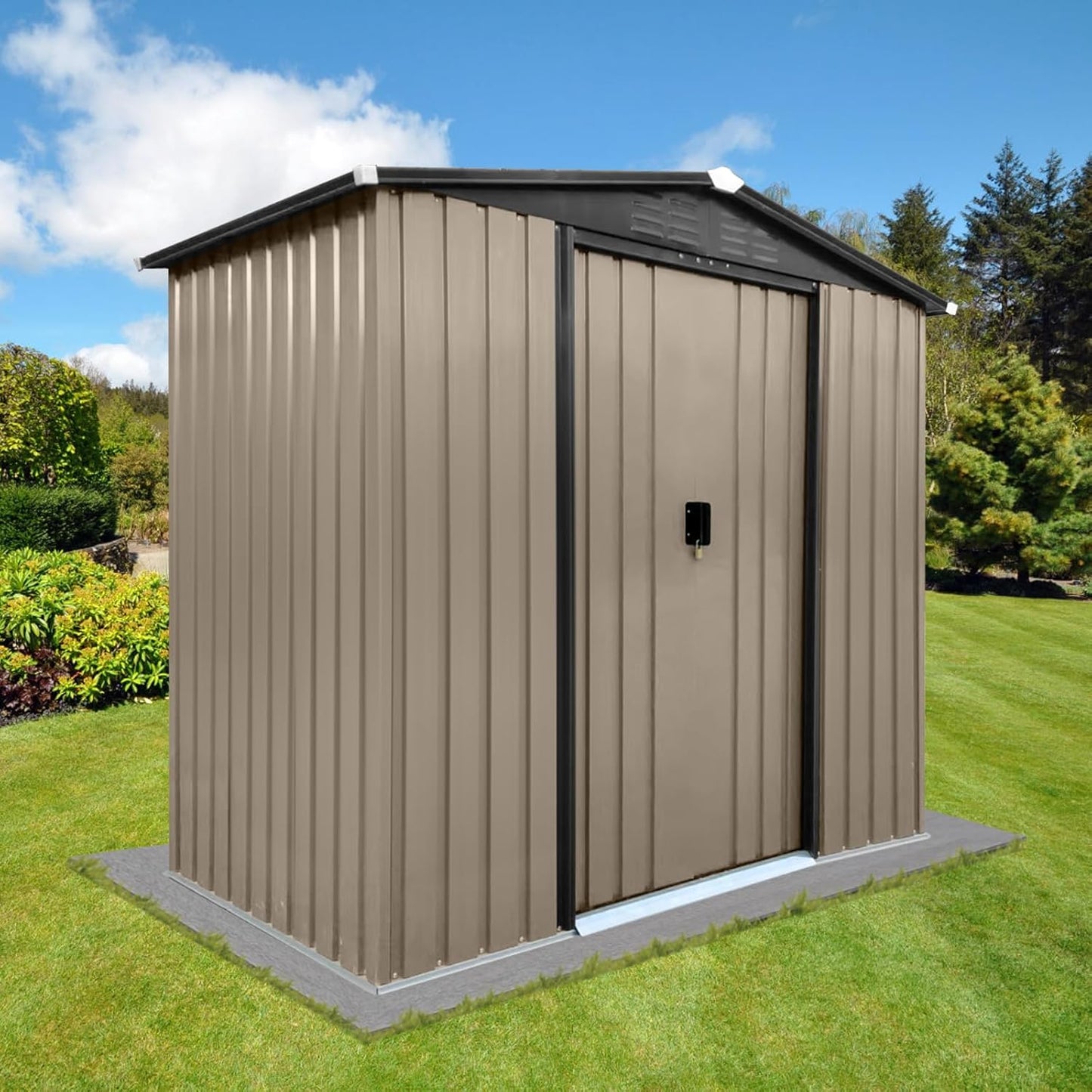 Outdoor Storage Shed, 6x4 FT All-Weather Metal Shed with Apex Roof, Sliding Doors and Air Vents for Backyard Garden Patio Lawn, Tool & Equipment Organization, Garbage Collection Room, Brown