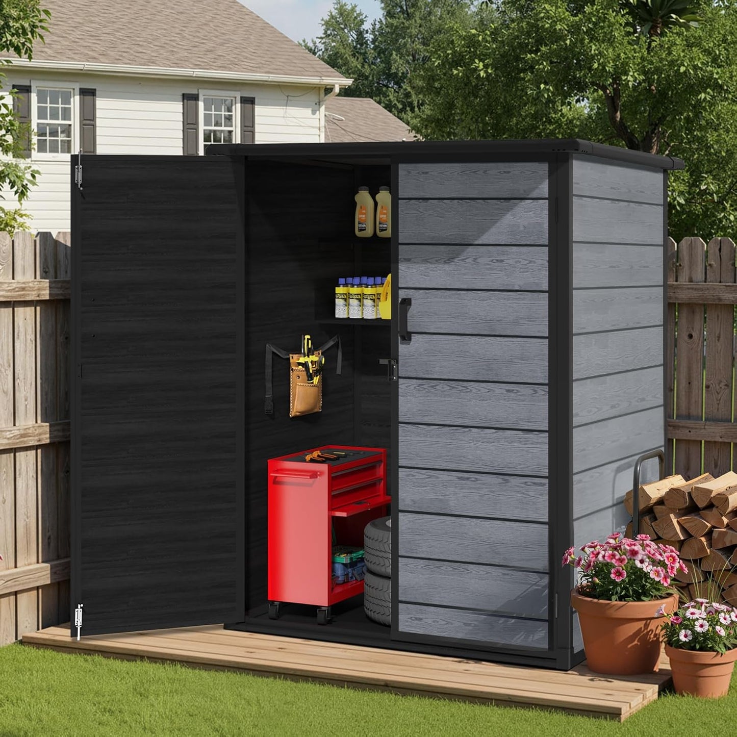 SEGMART 5×3 FT Vertical Outdoor Storage Shed, 56.8 Cu.Ft Resin Tool Shed with Steel Reinforcement, Lockable Doors & Adjustable Shelves, Weather-Resistant Garden Storage Cabinet for Patio & Backyard