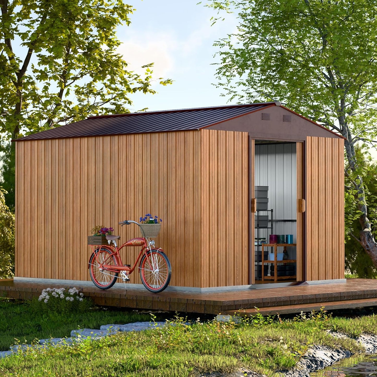 Metal Shed 8x10 FT - Steel Tool Storage with Sliding Door & Vents - Outdoor Bike Sheds for Garden, Backyard, Patio - Utility Storage Solution