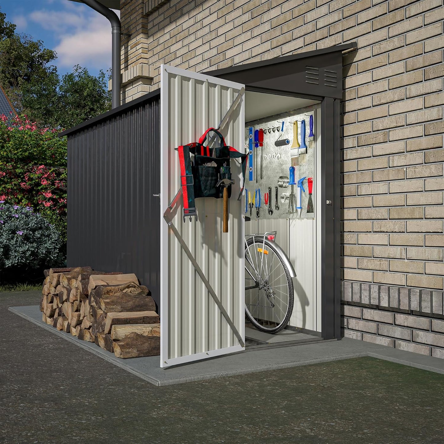 4×8 FT Outdoor Metal Storage Shed,Heavy-Duty Lean to Storage Shed with Floor Base,Garden Tool Metal Storage House W/Lockable Door and 2 Air Vents,Weather Resistant,for Backyard,Patio,Lawn,Black