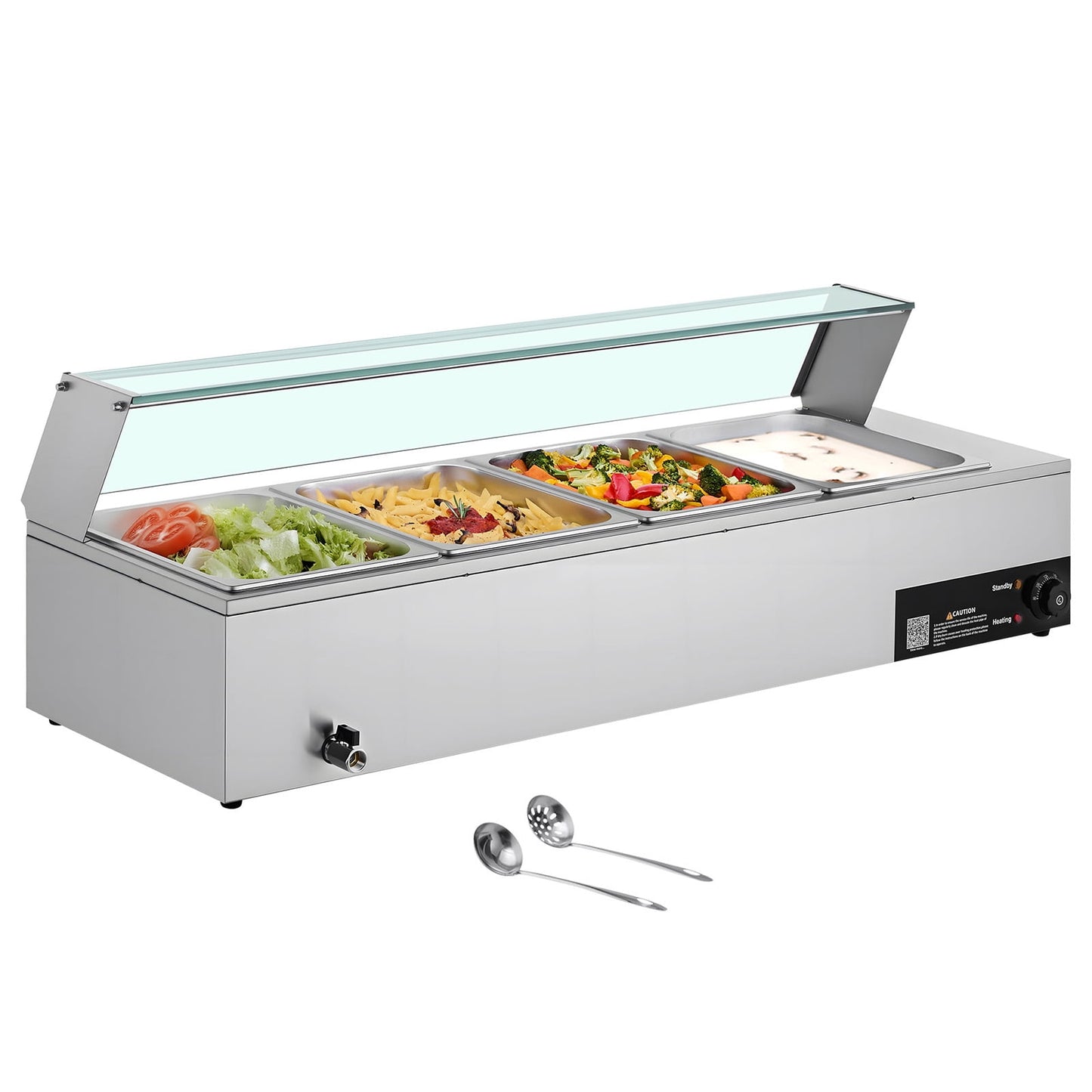 KFFKFF Commercial Food Warmer, 1500W Electric Stainless Steel Steam Warmer with Glass Lid, 4-Pan Countertop Buffet Bain Marie with Soup and Perforated Ladles, Ideal for Catering, Restaurants