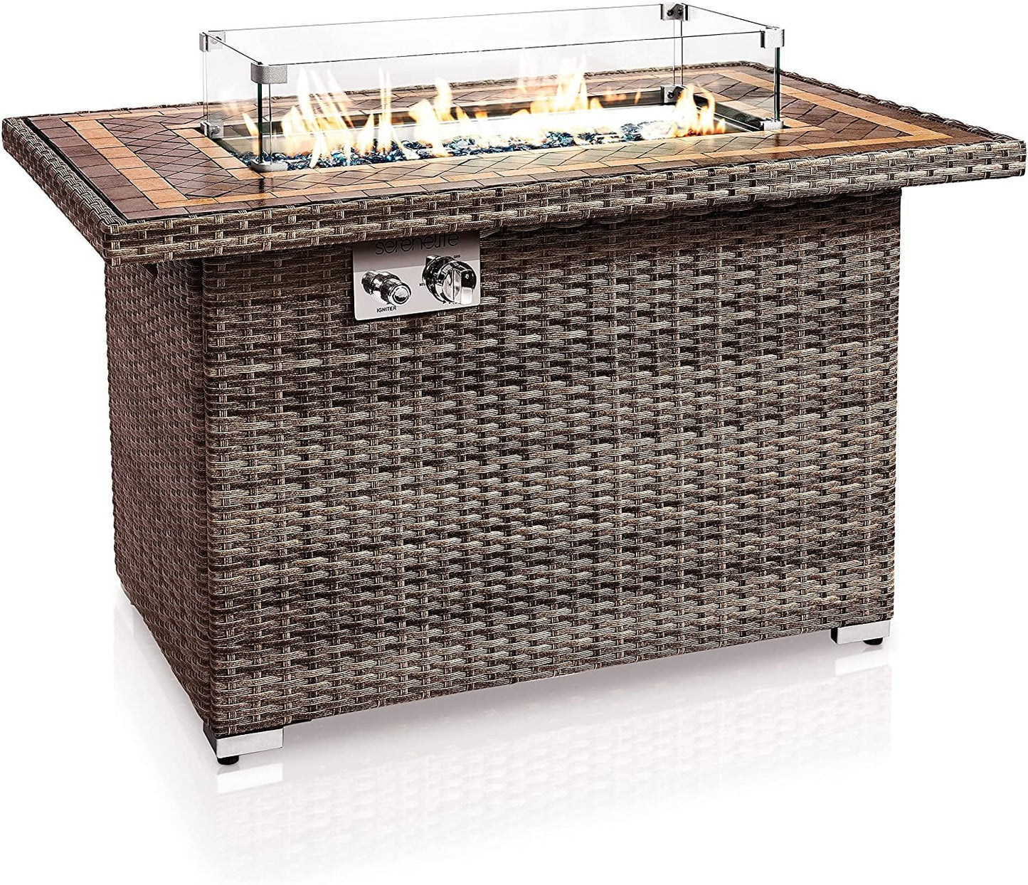 Outdoor Propane Fire Pit Table- 50,000 BTU Auto-Ignition Gas Fire Pit w/ Glass Wind Guard, Black Tempered Glass Tabletop & Clear Glass Rock for Outdoor Cooking & Grilling - SLFPTIL49