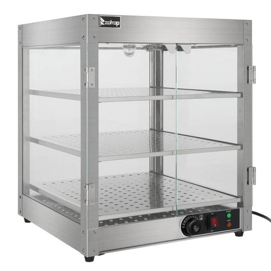 3-Tier Commercial Food Warmer with Adjustable Thermostat 86-185°F, Stainless Steel Heated Display Case, 25W Light, 20x20x24" for Pizza/Burgers/Restaurants