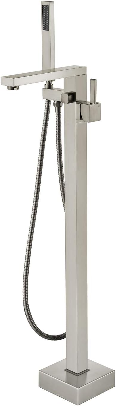 Wowkk Freestanding Bathtub Faucet Tub Filler Brushed Nickel Floor Mount Bathroom Faucets Brass Single Handle with Hand Shower