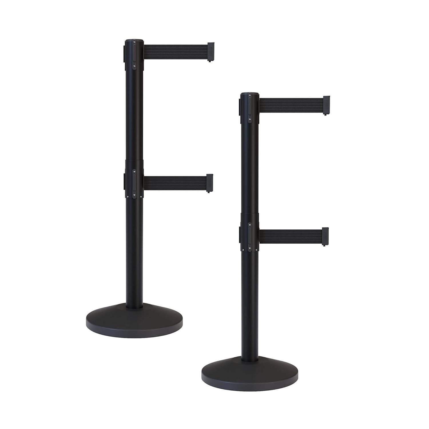 CCW Series RBB-100D - Set of 2 Stanchion Retractable Belt Barriers Dual Belt - Easy to Assemble, No Tools Required (11 Foot Belt, Black Belt with Black Post)