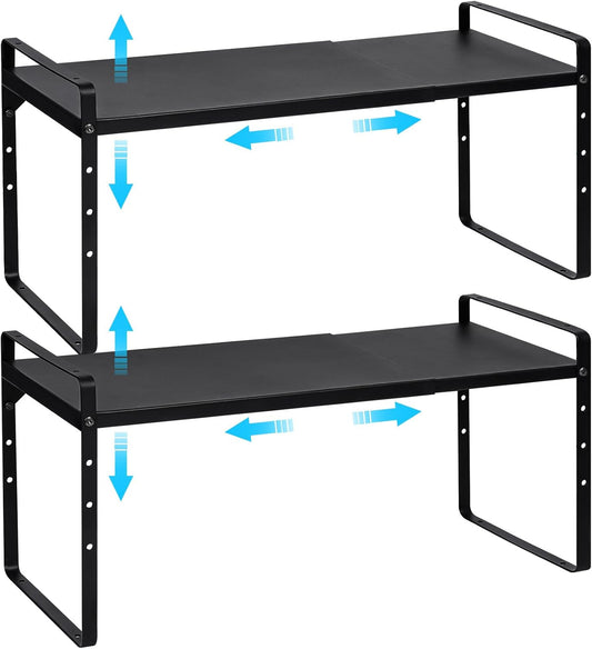 15.5 to 25.5 Inch Expandable Kitchen Cabinet Organizer Shelf, 2 Pack 30 LBS Heavy Duty Adjustable Kitchen Counter Storage Shelves Organizers,Stackable Small Storage Shelf Rack For Cabinet Cupboard