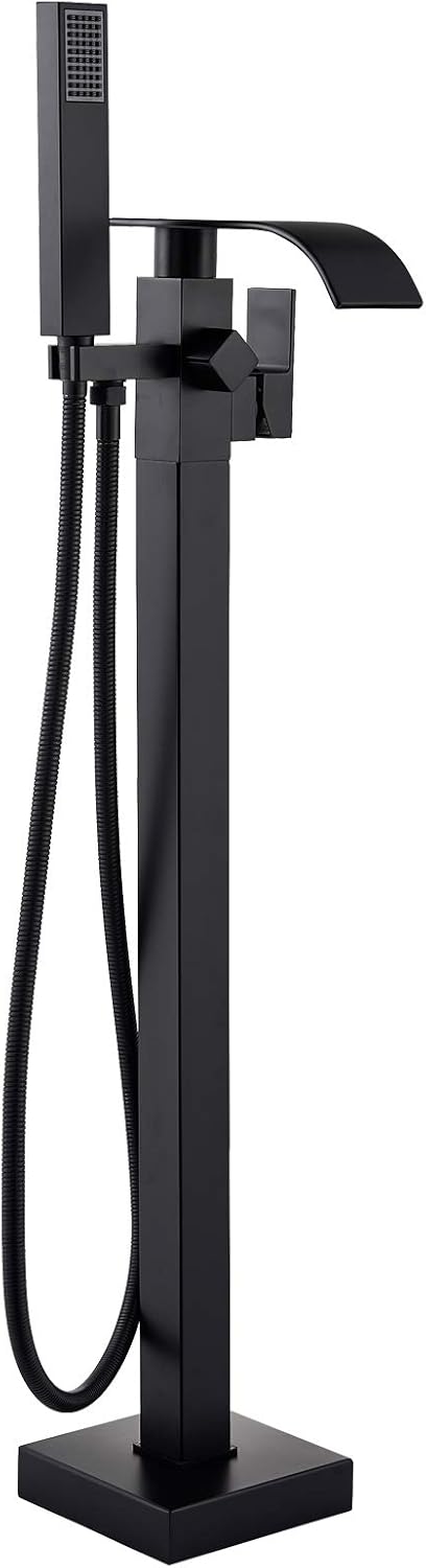 Senlesen Matte Black Free Standing Tub Faucet Floor Mounted Tub Filler Faucet Brass Bathroom Tub Faucets with Hand Shower