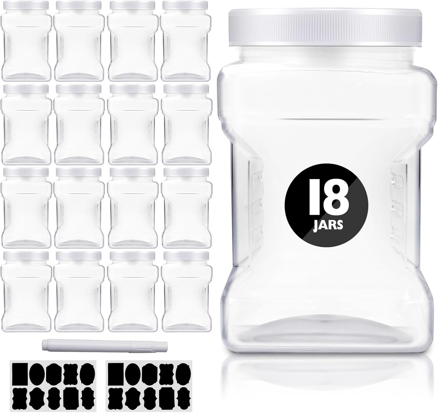 18 Pack Clear Plastic Storage Jars with Lids,27 oz Easy Grip Handles Plastic Containers,Reusable Wide Mouth Plastic Canisters,with Airtight Lids Square Paint Storage Containers for Kitchen Supplies