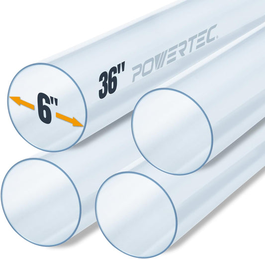 POWERTEC Clear PVC Pipe 6" x 36" Long, 4PK Rigid Plastic Tubing, Round Tube Compatible w\/Dust Collection Fittings - Hose for Woodworking Tool, Dust Collection System or Cat Tree (70274-P4)