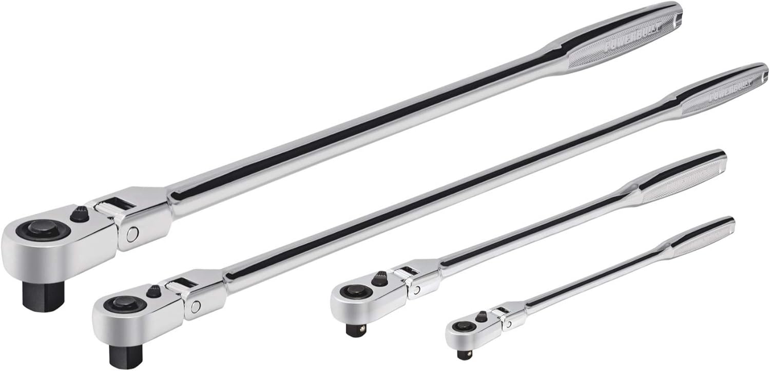 Powerbuilt 4 Piece Pro Tech Long Reach Flex Head Ratchet Set, 72-Tooth, 180° Flex Head, Contoured Grip Handles, 1/4" Dr. x 7", 3/8" Dr. x 9" & 17", 1/2" Dr. x 17" - 240238