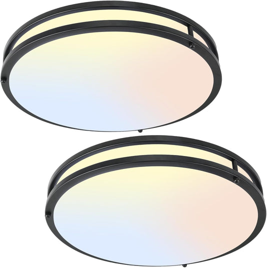 16Inch LED Ceiling Light Fixtures, Flush Mount Light Fixtures 50W, 5CCT Adjustable 2700K 3000K 4000K 5000K 6500K, Close to Ceiling Light for Kitchen Hallway Bathroom Kitchen Bedroom Black 2 Packs