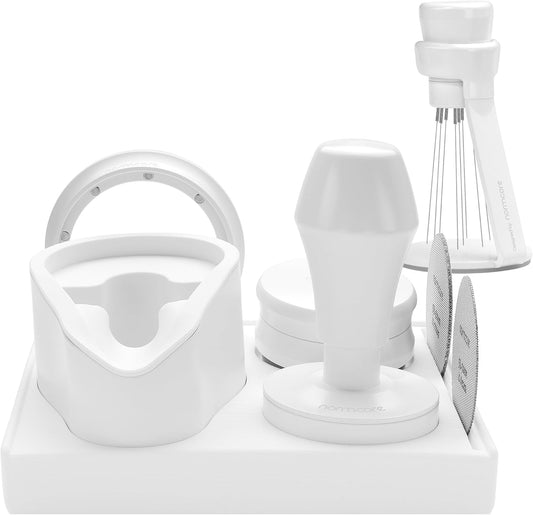 Normcore 53.3mm 7-in-1 Compact Barista Kit: Coffee Tamper, Distributor Tool, WDT with Stand, Dosing funnel, Puck Screen, Tamping Mat, Portafilter Stand, Barista Kit for Breville Sage 54mm, White