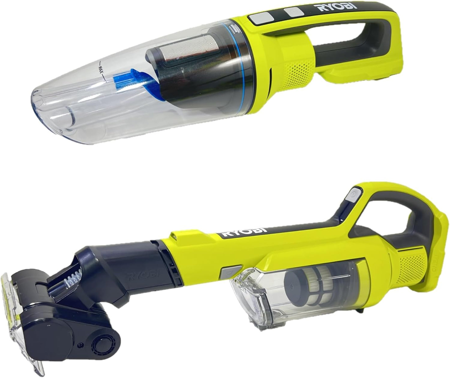 RYOBI 18V Cordless Hand Vacuum with Powered Brush PCL700B with 18V Cordless Wet/Dry Hand Vacuum PCL702B (Tools Only)
