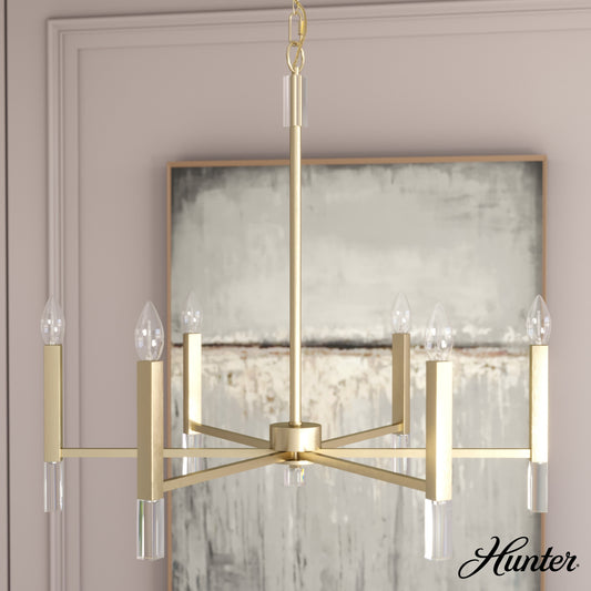 Hunter Sunjai 6 -Light Satin Gold Modern/contemporary Bare bulb For Use in Bedrooms, Dining Rooms, Foyers, Kitchens, Living Rooms Chandelier 5228366