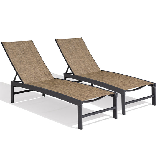Crestlive Products Outdoor Patio Adjustable Chaise Lounge Chair Set of 2 Brown Aluminum Frame Stationary Chaise Lounge Chair with Tan Textilene Mesh Seat