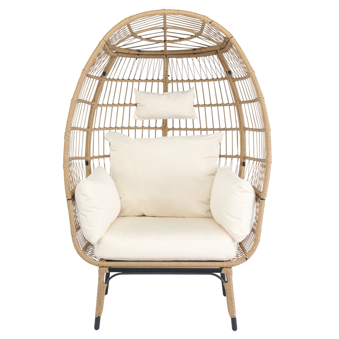 Winado Wicker Wood Color Steel Frame Stationary Egg Chair with Off-white Cushioned Seat