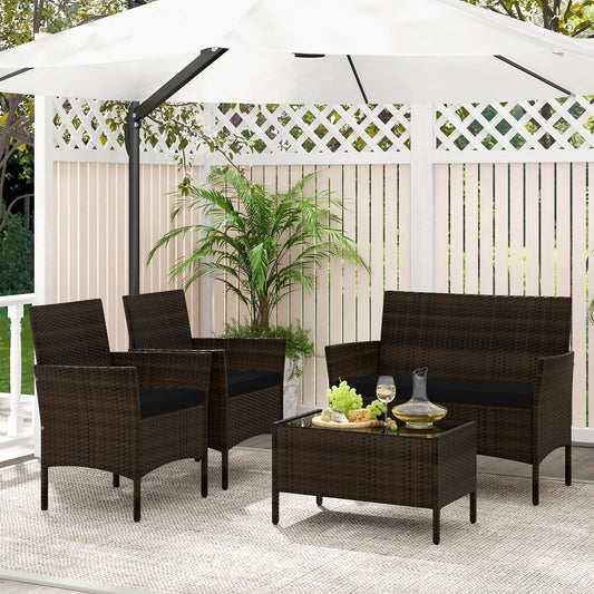 Forclover 4 -Piece Rattan Patio Conversation Set with Black Cushions