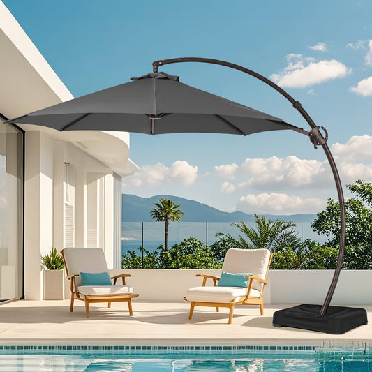 JEAREY 10-Feet Aluminum Gray Crank Cantilever Patio Umbrella with Base