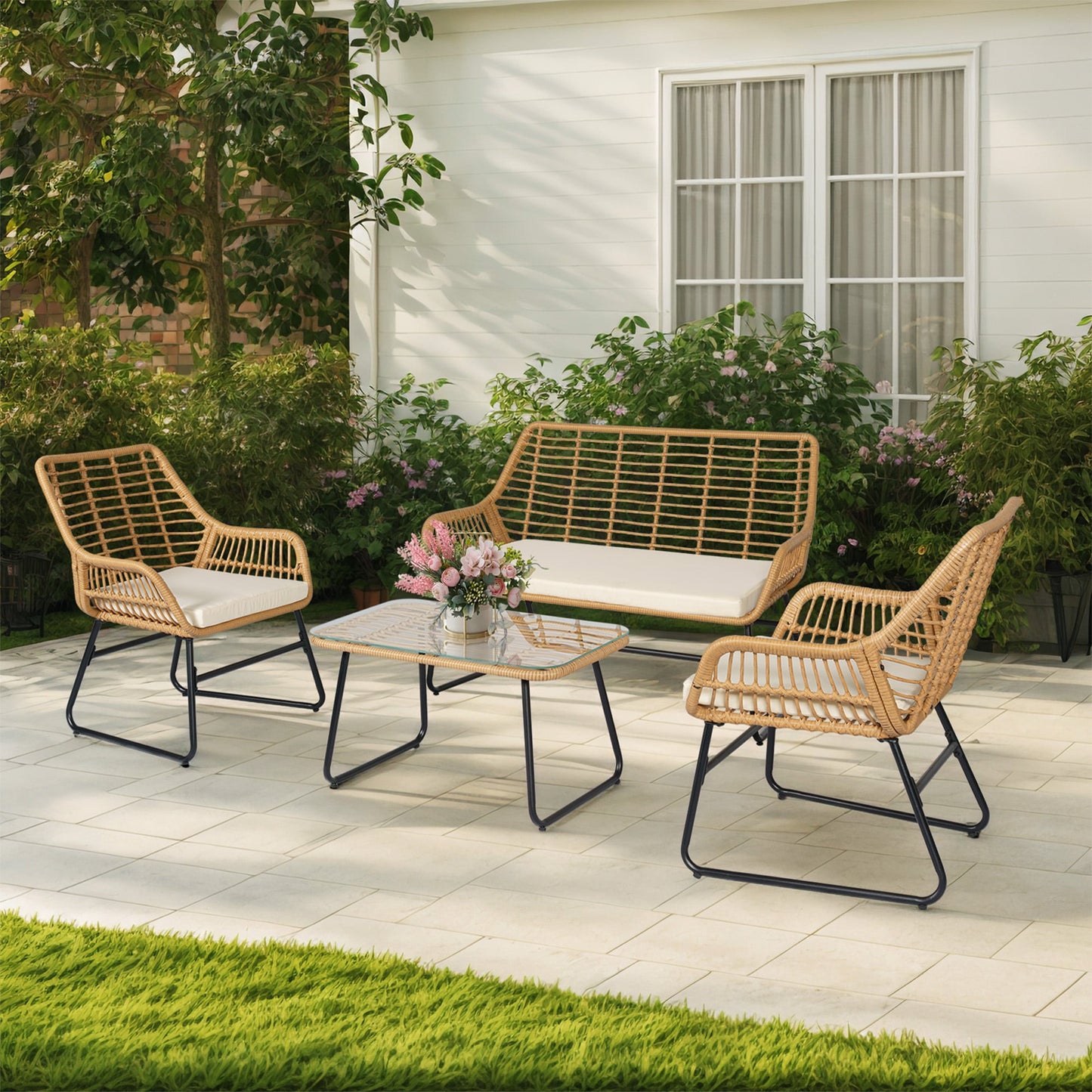Grearden 4 -Piece Wicker Patio Conversation Set with Off-white Cushions