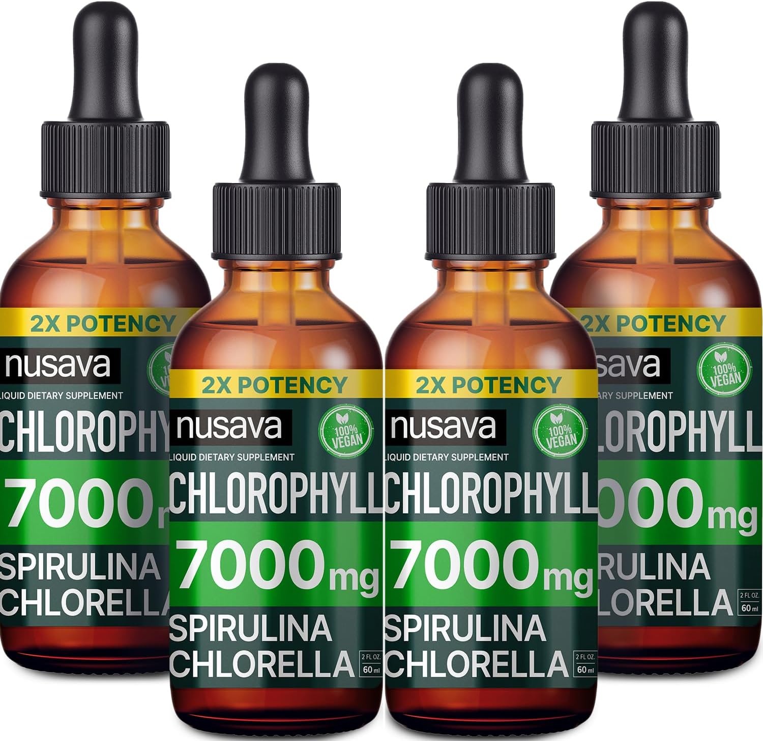 (4 Pack) 4-in-1 Vegan Chlorophyll Liquid Drops 7000mg for Immune Support, Energy, Gut and Skin Health - Liquid Chlorophyll - Internal Deodorant Enriched with Chlorella, Spirulina, & Copper, 8 Fl Oz