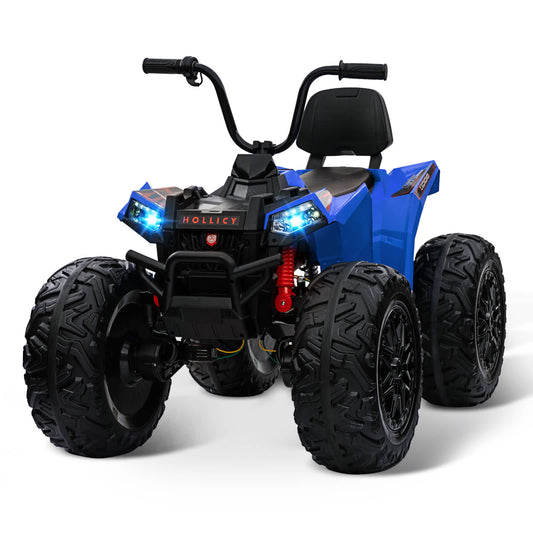 Qeetex 24V Kids Ride On ATV 4WD Electric Quad Vehicle With Dual Motors Large Battery Bluetooth Music Led Lights Full Metal Suspension Eva Tires And Adjustable Seatbelt Blue