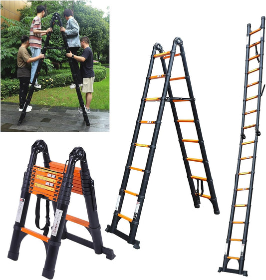 JADDUO Telescoping Ladder A Frame, 16.5 Ft Compact Aluminum Extension Ladder, Portable Telescopic RV Ladder for Outdoor Camper Trips Motorhome with Tool Platform and Stabilizer Bar, 330 lbs，Black