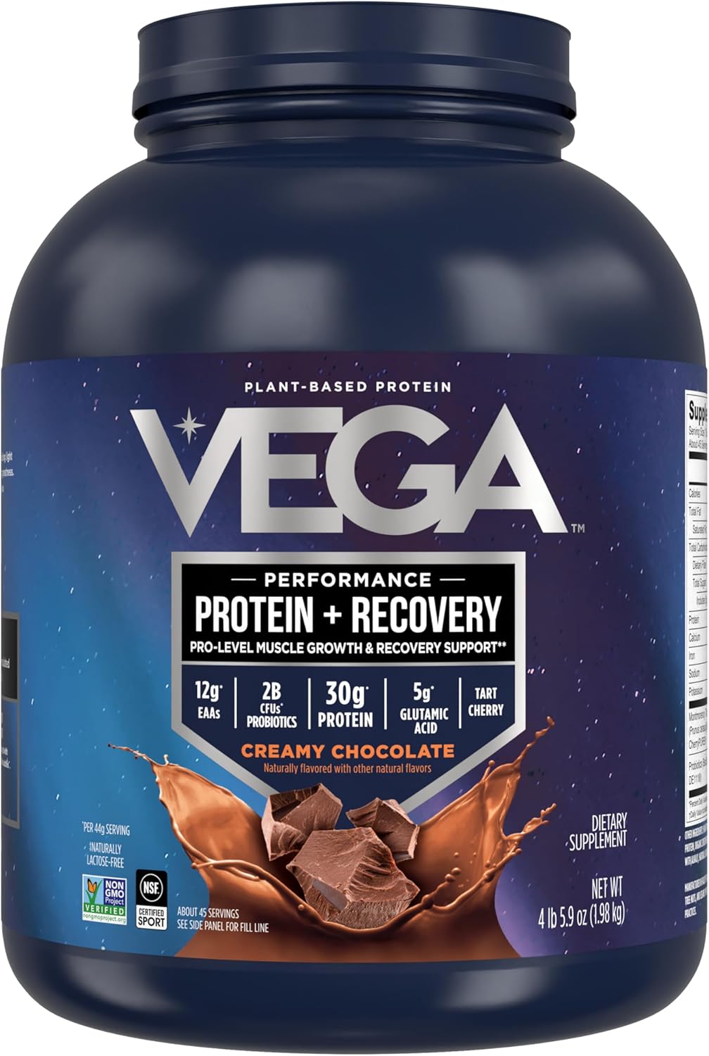 Vega Sport Vegan Protein Powder + Recovery - 30g Plant Based Protein per Serving, Chocolate, 45 Servings, 5g BCAAs, Probiotics, NSF Certified, For Shakes & Smoothies, 4.4lbs (Packaging May Vary)