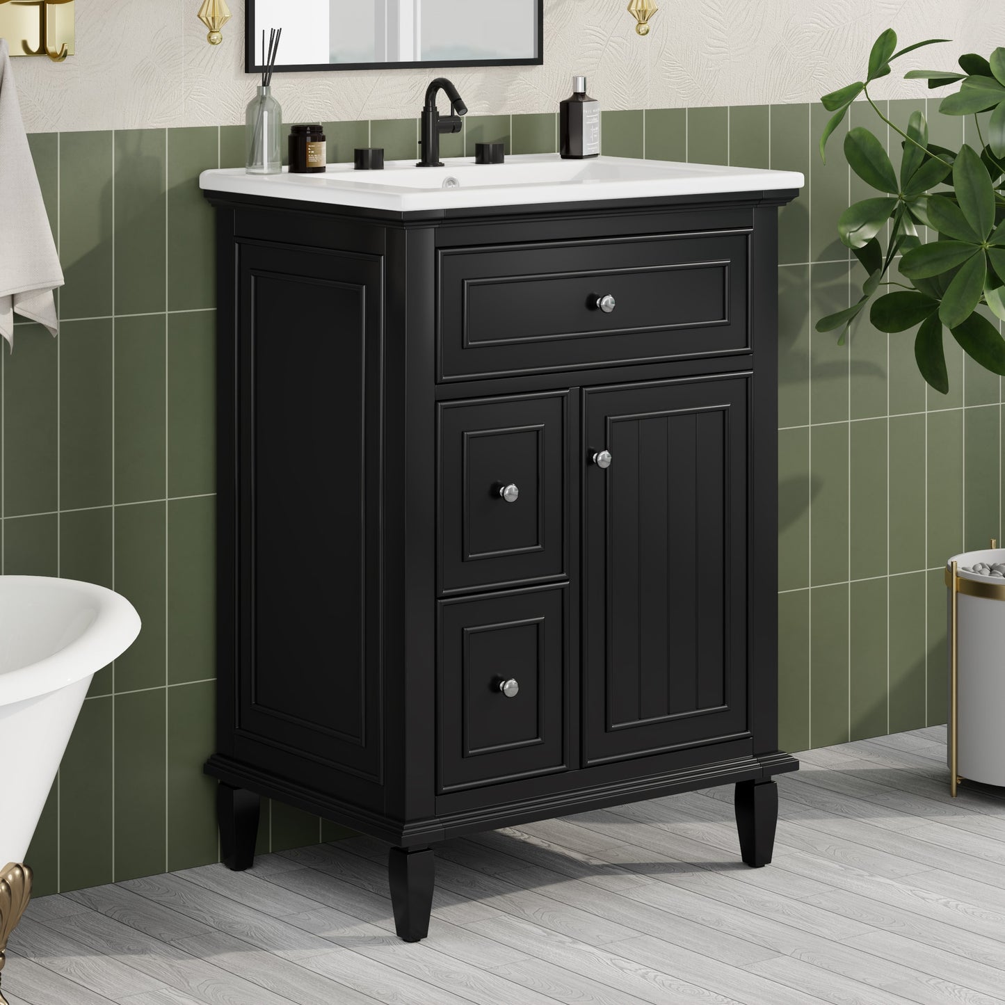 ModernLuxe 24inch Bathroom Vanity with Sink Bathroom Vanity Cabinet with One Flip Drawer and Two Drawers Adjustable Shelf Solid Wood and MDF Black