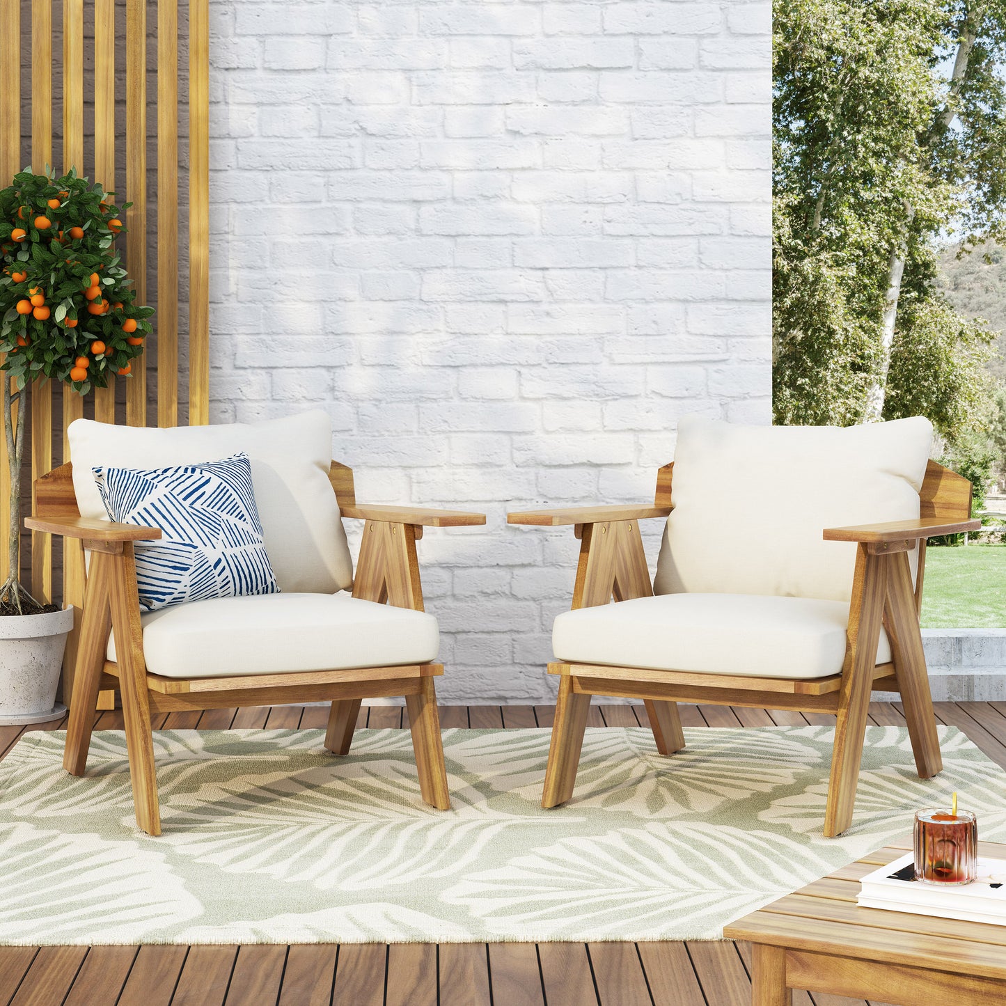 Christopher Knight Home Arcola Outdoor Acacia Wood Club Chairs with Cushions  Set 2-Teak Finish, Beige