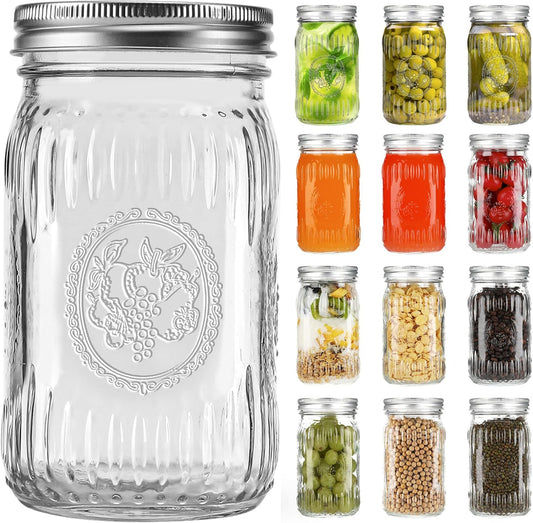 12Pack 32oz Wide Mouth Mason Jars, Glass Mason Jars with Airtight Lids and Bands, Large Canning Jars for Food Storage, Pickling, Meal Prep, DIY Decor, Fruit Print, Safe for Microwave & Dishwasher