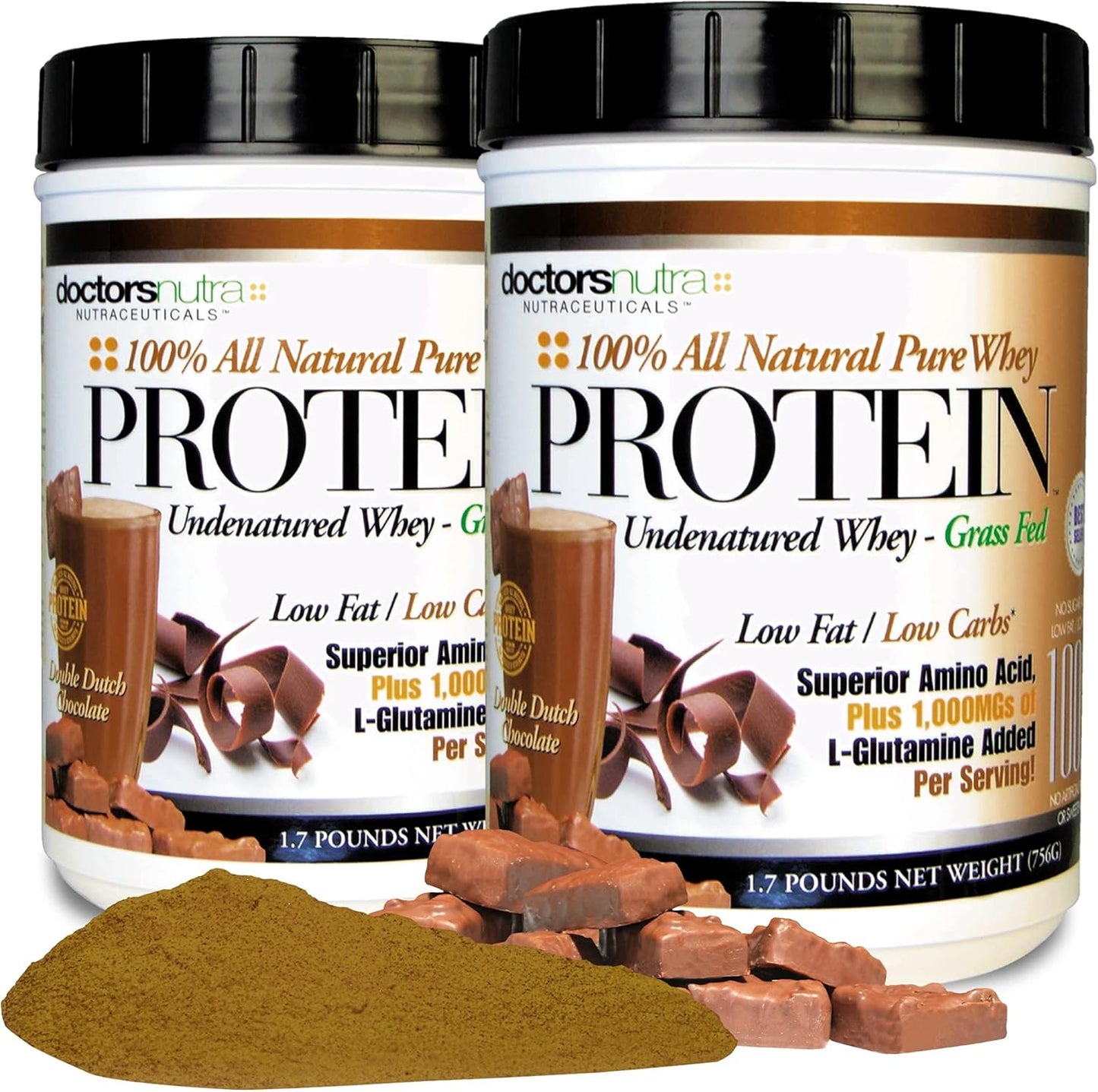 (Pack of 2) Pure 100 Percent - Undenatured Grass Fed Whey Protein, Double Dutch Chocolate Flavor, Natural Ultrafiltered Plus 1000 Milligrams L-Glutamine