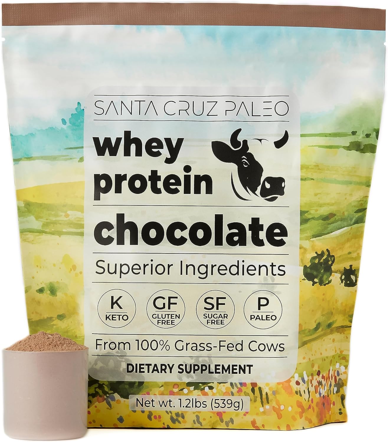 Santa Cruz Paleo Whey Protein Powder, Chocolate Flavor, 20 G Grass Fed Whey Protein Isolate Per Serving, Gluten Free, Paleo & Keto Friendly, No Sugar Added, Protein Shake Mix, 20 Servings, 1.2 lb Bag
