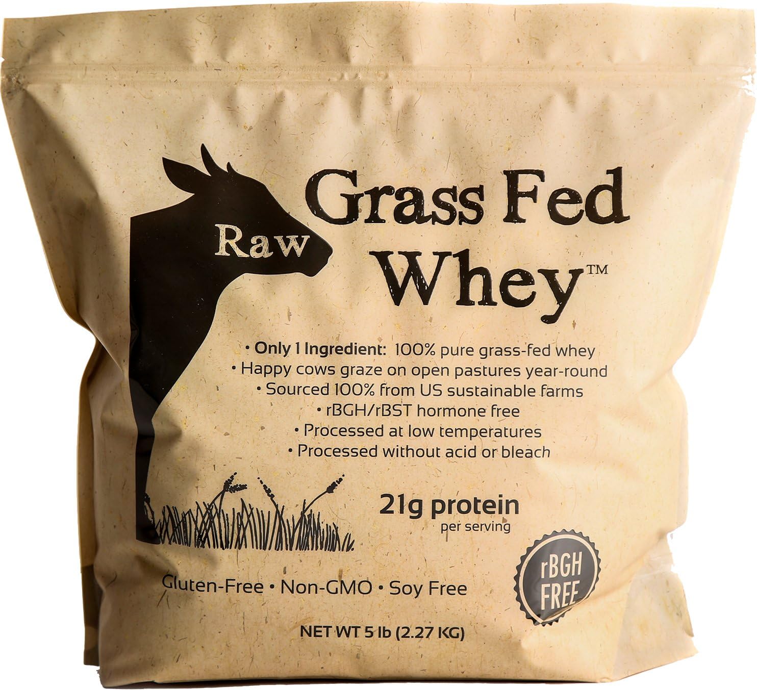 Raw Grass Fed Whey Protein Powder \u2013 Unflavored, Only 1 Ingredient: 100% Pure Grass-Fed Whey from Happy, Healthy Cows \u2013 Undenatured, Non-GMO, Hormone-Free, Gluten-Free, Made in USA, 5LB