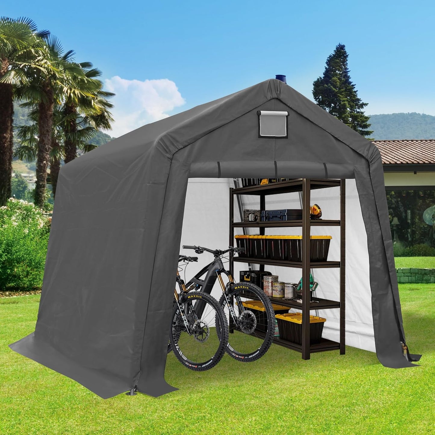 10x10 Ft Outdoor Storage Shelter, Heavy Duty Waterproof Portable Shed with Roll-up Zipper Door and Ventilated Windows for Motorcycle, Bike, Tools Gray