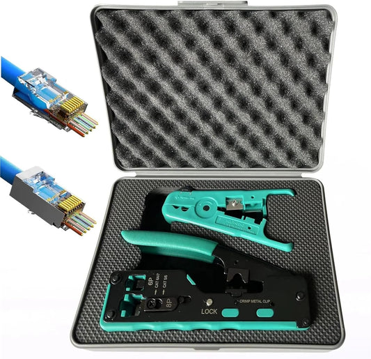 RJ45 Crimp Tool Ethernet Crimping Tool Wire Cutter Crimper for Cat7 Cat6a Cat6 Cat5e Pass Through Connectors(Network Took Kit)