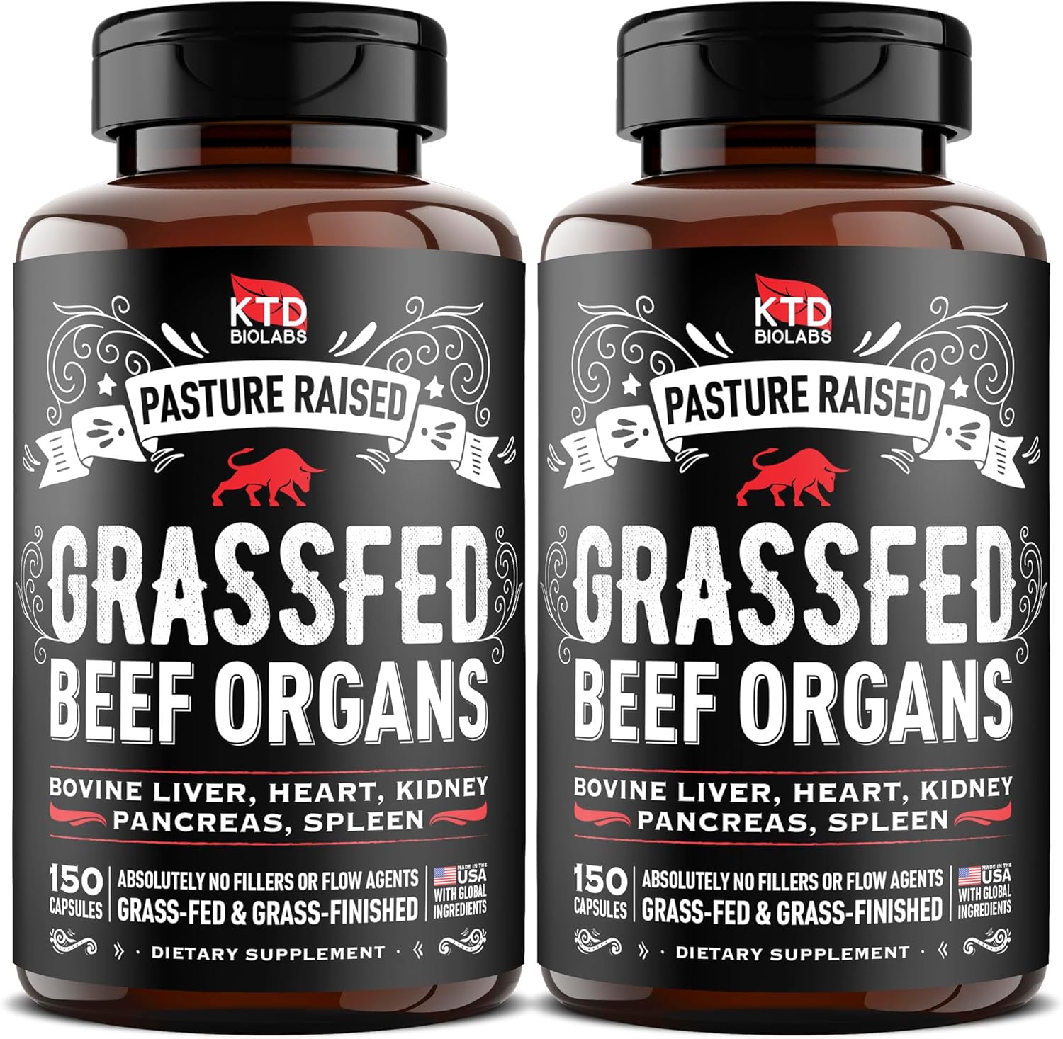(Pack of 2) Grass Fed Beef Organ Supplement - Supports Whole Body Wellness 3000mg - with Desiccated Beef Liver, Heart, Kidney, Pancreas, Spleen - Organ Complex for Immune, Digestive Health (150 Caps)