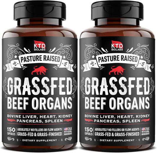 (Pack of 2) Grass Fed Beef Organ Supplement - Supports Whole Body Wellness 3000mg - with Desiccated Beef Liver, Heart, Kidney, Pancreas, Spleen - Organ Complex for Immune, Digestive Health (150 Caps)