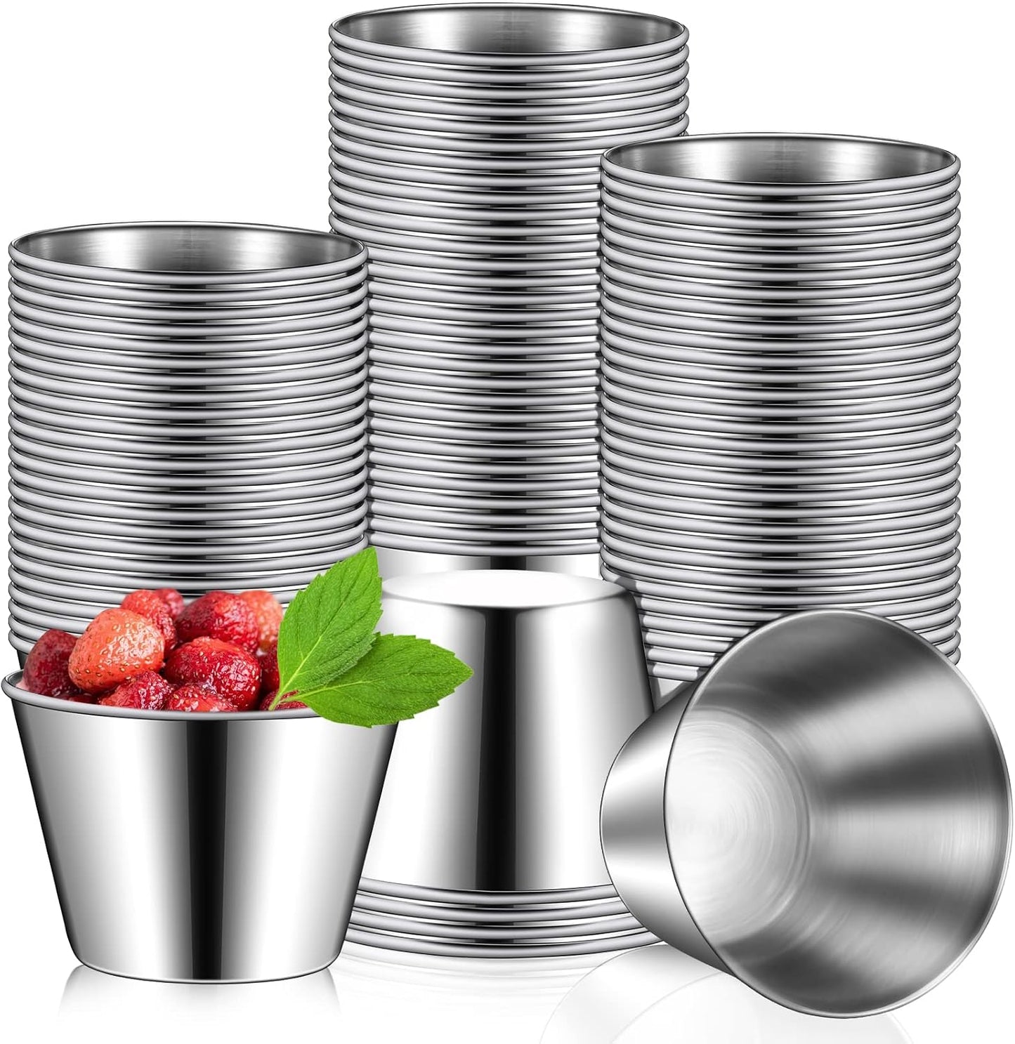 100 Pcs 2.5oz Metal Ramekins Stainless Steel Sauce Dipping Cups Ramekins Bulk Sauce Container Round Dipping Bowls Condiment Cup for Dish Butter Kitchen Restaurant Serving Party Dinner Cooking