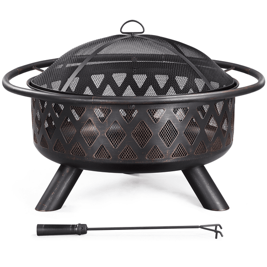 Alden Design Iron Fire Pit with Mesh Screen Poker and Cover for Outdoors, Bronze