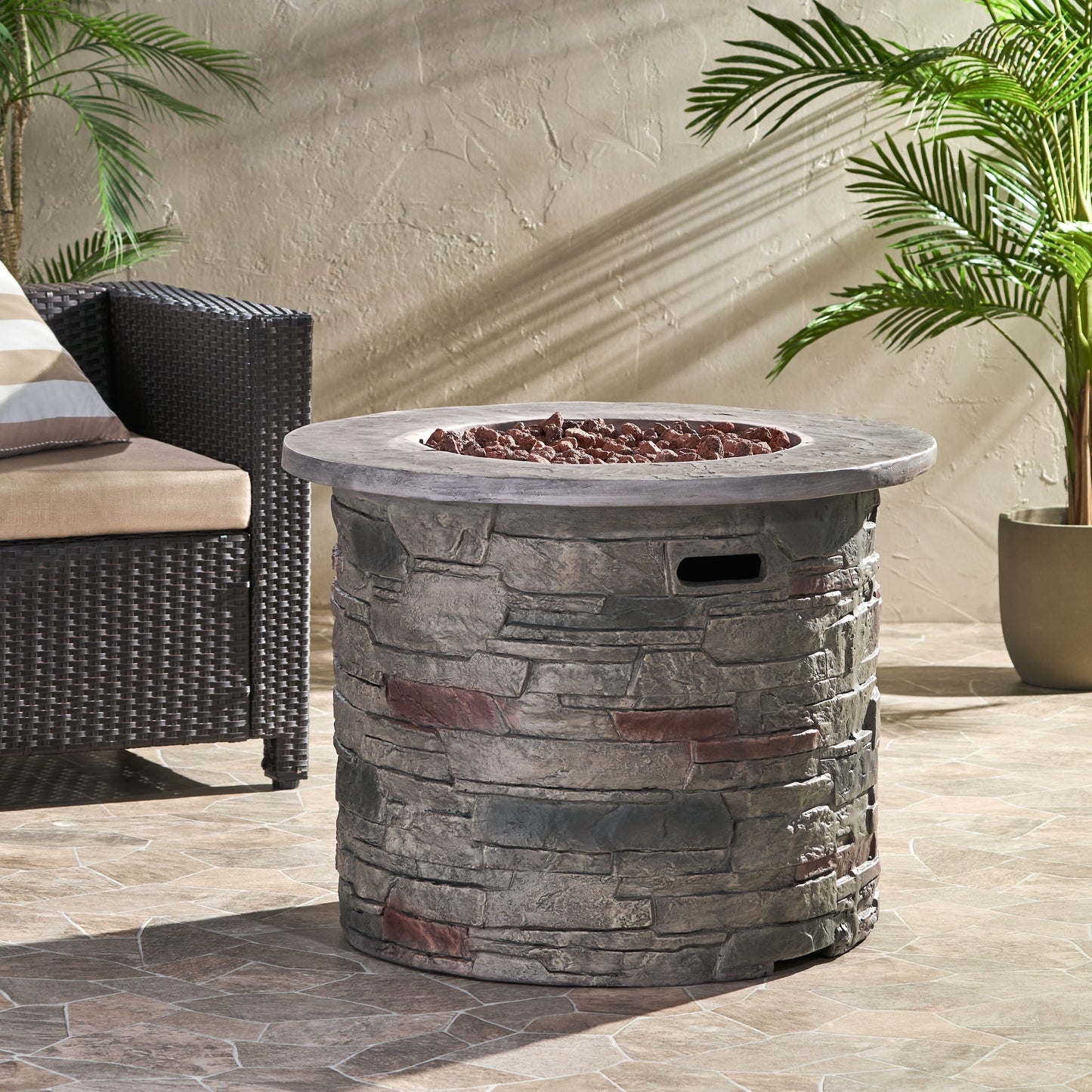 Awalua 32" Circular MGO Fire Pit With&nbsp;Grey Top - 40,000 BTU, Natural Stone