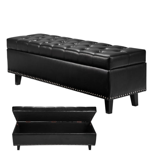 KFFKFF 51" Leather Ottoman Bench, Button-Tufted Ottoman Storage with Solid Wood Legs, Holds up to 660 Lbs, Suitable for Bedroom, Entryway, Black