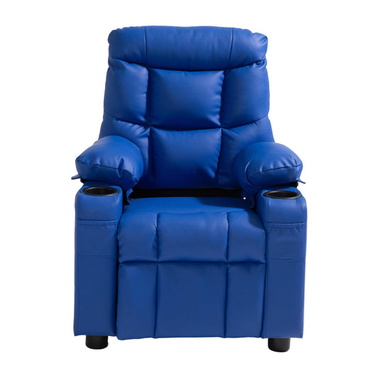 KFFKFF Children's Reclining Chair with Adjustable Backrest, Cup Holders, Pockets, and Easy-to-Clean PU Leather, Comfortable Couch with Footrest for Kids (Blue)